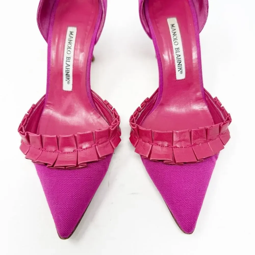 Manolo Blahnik D’Orsay Heels Pink Canvas Pointed Toe Womens Size EU 36.5